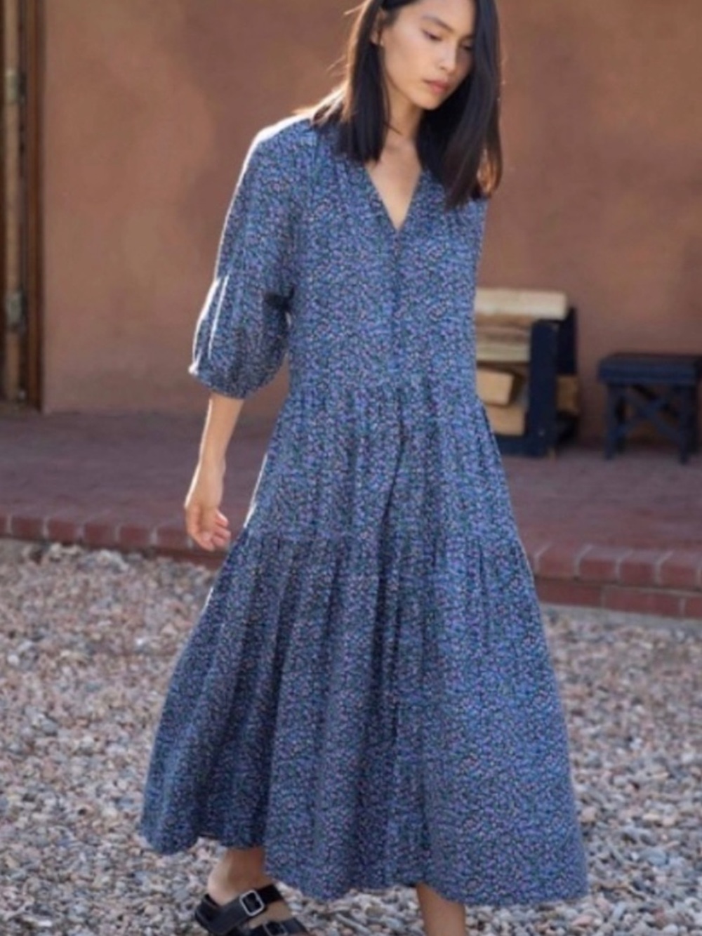 Apiece Apart Mitte Floral Print 3/4 Sleeve Cotton Tiered Snap Down Midi Dress